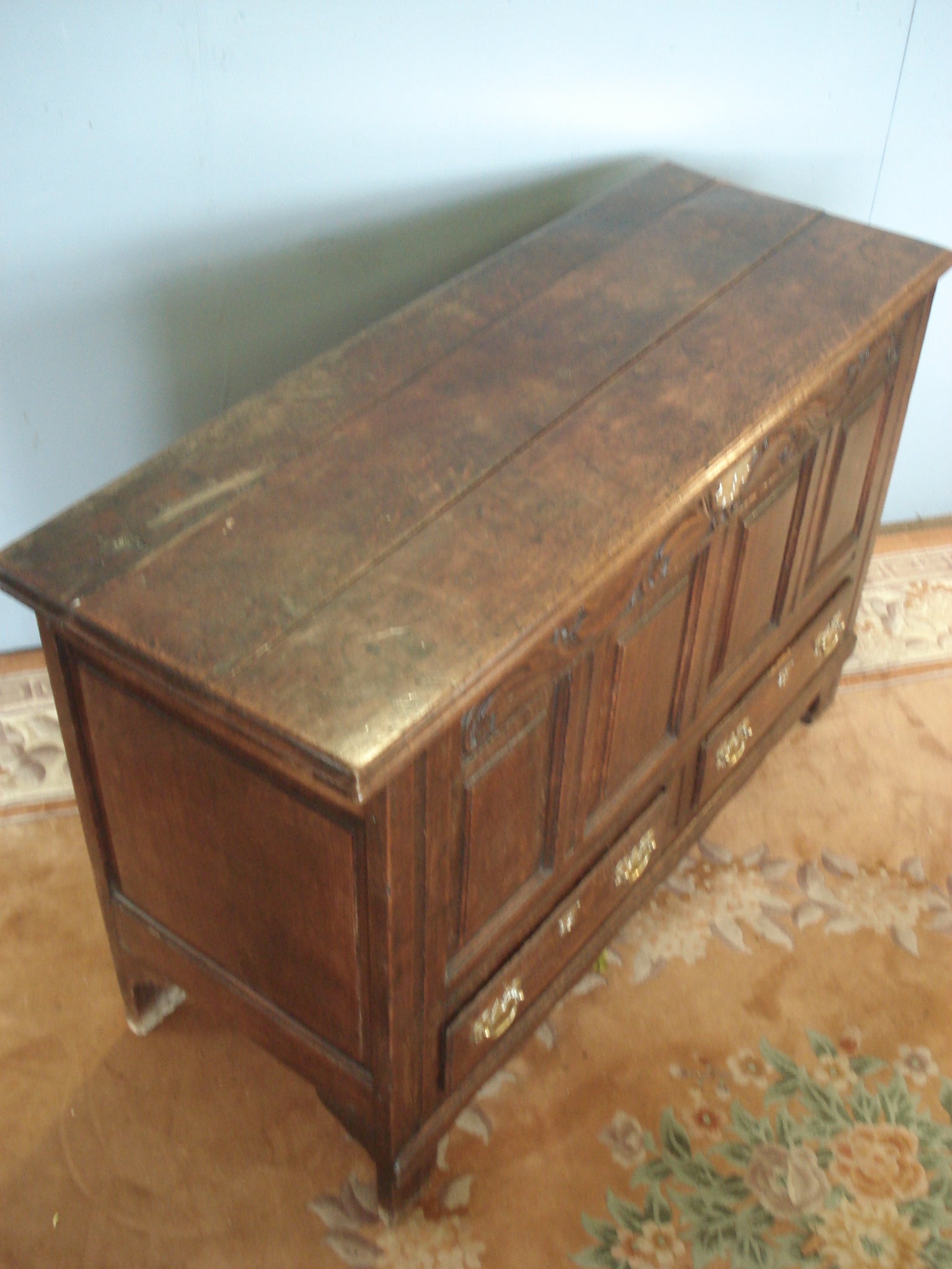 Circa 1800. Oak mule chest with rich deep patination.